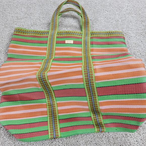 Dosa Grocery Tote Bag 16" Green Striped Reusable Multipurpose Nylon Handbag - Picture 4 of 9